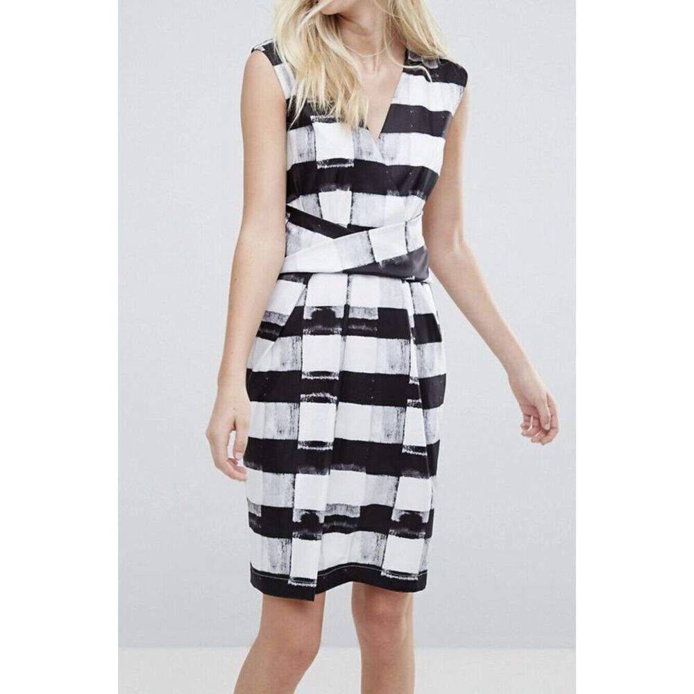 Liquorish Sleeveless Midi Pencil Dress Womens Sz 12‎ Stripes Black White